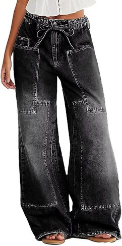 Women Wide Leg Jeans Elastic Mid Waist Belt Baggy Jeans Loose Casual Boyfriend Y2K Denim Pants with Pockets in Kuwait