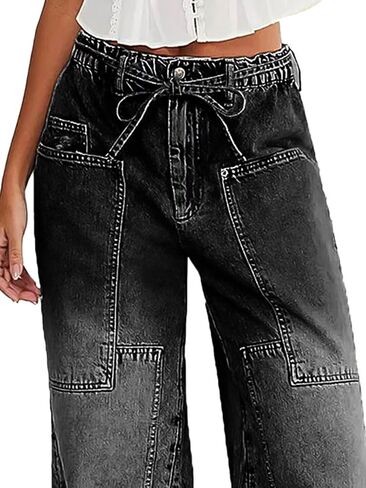 Women Wide Leg Jeans Elastic Mid Waist Belt Baggy Jeans Loose Casual Boyfriend Y2K Denim Pants with Pockets in Kuwait