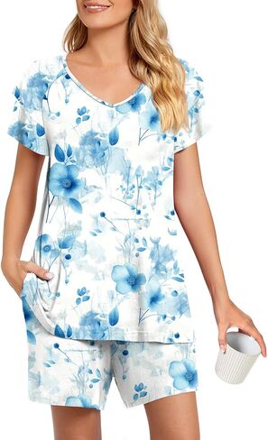 Aodemo Womens Summer Pajama Sets Ruffle Short Sleeves Sleepwear 2 Piece Pjs Lounge Short Pants with Pockets in Kuwait