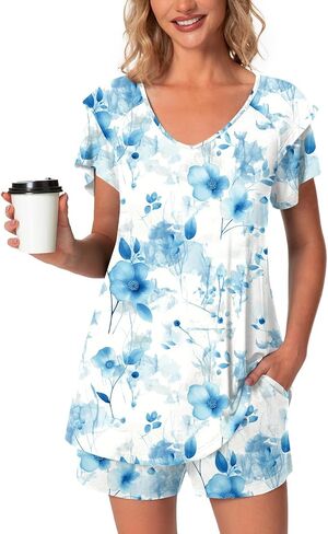Aodemo Womens Summer Pajama Sets Ruffle Short Sleeves Sleepwear 2 Piece Pjs Lounge Short Pants with Pockets in Kuwait