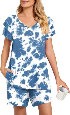 Aodemo Womens Summer Pajama Sets Ruffle Short Sleeves Sleepwear 2 Piece Pjs Lounge Short Pants with Pockets in Kuwait