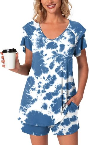 Aodemo Womens Summer Pajama Sets Ruffle Short Sleeves Sleepwear 2 Piece Pjs Lounge Short Pants with Pockets in Kuwait