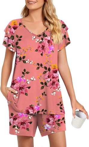 Aodemo Womens Summer Pajama Sets Ruffle Short Sleeves Sleepwear 2 Piece Pjs Lounge Short Pants with Pockets in Kuwait
