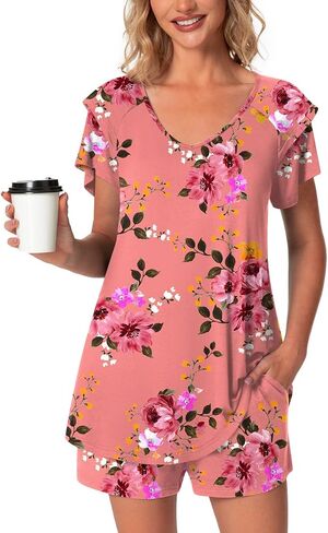 Aodemo Womens Summer Pajama Sets Ruffle Short Sleeves Sleepwear 2 Piece Pjs Lounge Short Pants with Pockets in Kuwait
