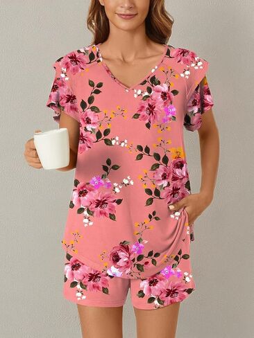 Aodemo Womens Summer Pajama Sets Ruffle Short Sleeves Sleepwear 2 Piece Pjs Lounge Short Pants with Pockets in Kuwait