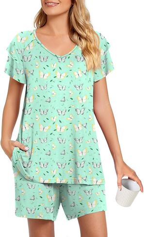 Aodemo Womens Summer Pajama Sets Ruffle Short Sleeves Sleepwear 2 Piece Pjs Lounge Short Pants with Pockets in Kuwait