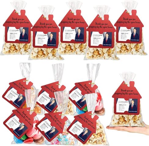 Hoolerry 100 Set Open House Popcorn Bag with Tag Real Estate Agent Thanks Tag Business Card House Shaped Paper Gift Popcorn Candy Biscuits Bag for Estate Agent Favors Supplies(Kraft Color) in Kuwait