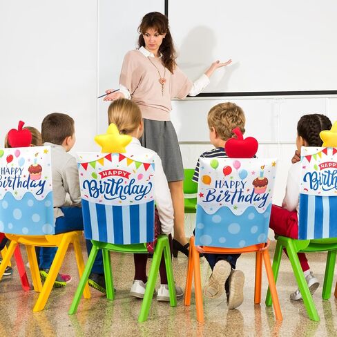 Moukeren 2 Pieces Happy Birthday Chair Covers Kids Birthday Party Classroom Seat Decorations Dining Chair Seat Cover Slipcovers Gift for Classroom Home Dining Party Favor in Saudi Arabia