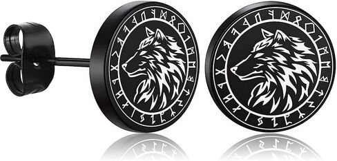 Gothic Wolf Stud Earring for Men Women Viking Rune Black Punk Fashion Piercing Tragus Ear Studs Stainless Steel Retro Jewelry Hip Hop Style Gift for Hypoallergenic Sensitive Ear for Boyfriend in Saudi Arabia