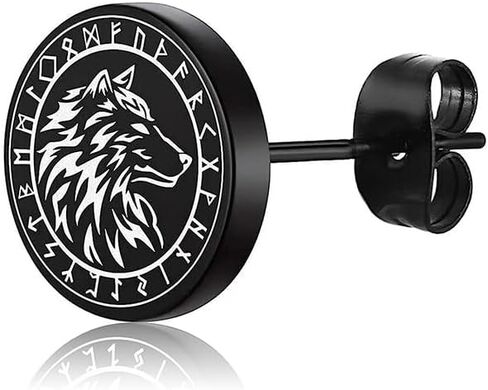 Gothic Wolf Stud Earring for Men Women Viking Rune Black Punk Fashion Piercing Tragus Ear Studs Stainless Steel Retro Jewelry Hip Hop Style Gift for Hypoallergenic Sensitive Ear for Boyfriend in Saudi Arabia