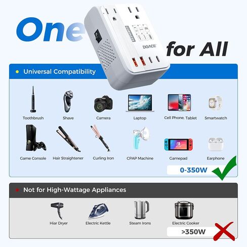 DOACE 350W 220V to 110V Converter for European Travel, Cordless Voltage Converter US to Europe for Using Most U.S. Travel Devices Abroad- Hair Straightener Curler Shaver Toothbrush Laptop Camera Phone in Kuwait