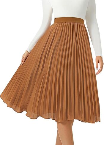 Women's Midi Skirt Elastic High Waist Pleated Skirt Knee Length Swing A-Line Casual Flowy Skirts 2024 in Saudi Arabia