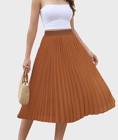 Women's Midi Skirt Elastic High Waist Pleated Skirt Knee Length Swing A-Line Casual Flowy Skirts 2024 in Saudi Arabia