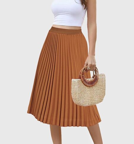 Women's Midi Skirt Elastic High Waist Pleated Skirt Knee Length Swing A-Line Casual Flowy Skirts 2024 in Saudi Arabia