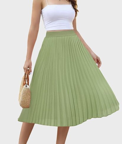 Women's Midi Skirt Elastic High Waist Pleated Skirt Knee Length Swing A-Line Casual Flowy Skirts 2024 in Saudi Arabia