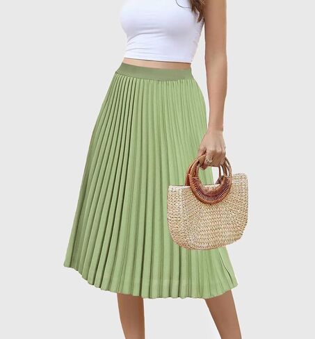 Women's Midi Skirt Elastic High Waist Pleated Skirt Knee Length Swing A-Line Casual Flowy Skirts 2024 in Saudi Arabia