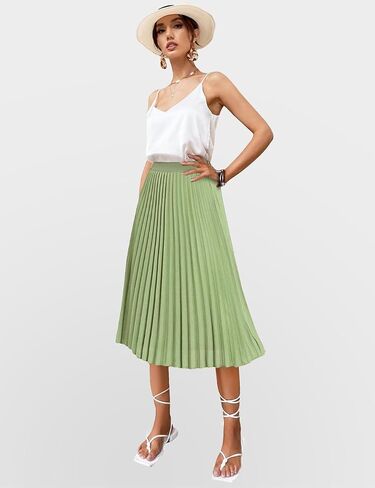 Women's Midi Skirt Elastic High Waist Pleated Skirt Knee Length Swing A-Line Casual Flowy Skirts 2024 in Saudi Arabia