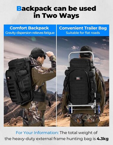 KEMIMOTO Hunting Backpack with Frame 70L Backpack for Hiking with Two Removable Wheels Camping Travelling (Brown) in Saudi Arabia