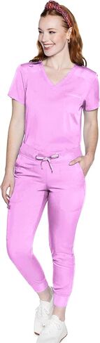 طقم تنظيف نسائي من Med Couture مع توب مقشر برقبة على شكل حرف V MC7448 وسروال قابل للتمدد في اتجاهين 7710، أرجواني - بلوزة L/بنطلون L in Saudi Arabia