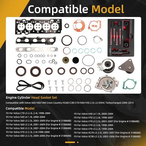 مجموعة حشية رأس أسطوانة المحرك، متوافقة مع فولفو S60/V60/ V60 Cross Country/XC60/C30/C70/S40/V50 2.5L L5 DOHC توربو 2004-2015#OE B5254T12 B5254T7 B5254T5 B5254T3 HGS4504 HS54547 in Kuwait