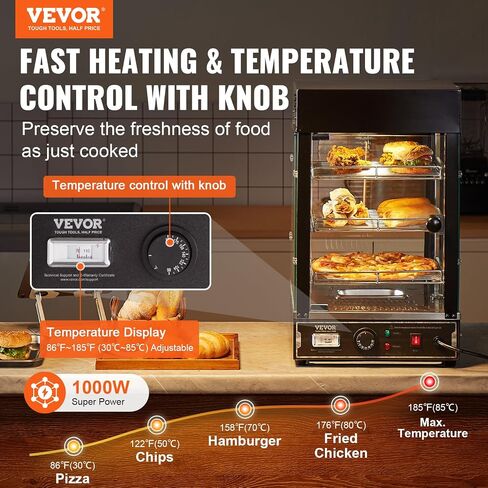 VEVOR 3-Tier Commercial Food Warmer Display, 1500W Food Display Warmer with Light, Adjustable Shelf and Temperature Display, 86℉~185℉ Steam Heating, 130L for Hamburger, Pizza, Bread, Fried Chicken in Kuwait