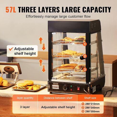 VEVOR 3-Tier Commercial Food Warmer Display, 1500W Food Display Warmer with Light, Adjustable Shelf and Temperature Display, 86℉~185℉ Steam Heating, 130L for Hamburger, Pizza, Bread, Fried Chicken in Kuwait
