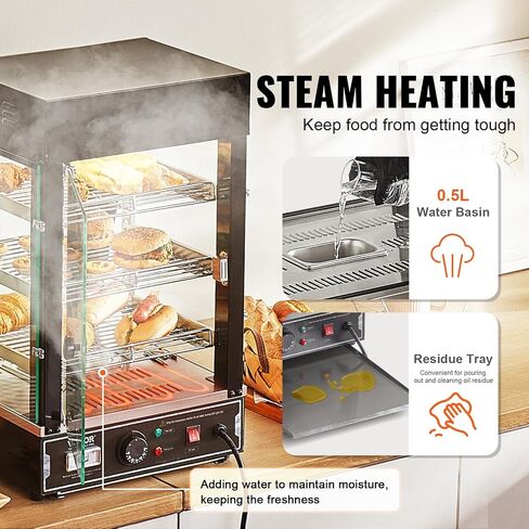 VEVOR 3-Tier Commercial Food Warmer Display, 1500W Food Display Warmer with Light, Adjustable Shelf and Temperature Display, 86℉~185℉ Steam Heating, 130L for Hamburger, Pizza, Bread, Fried Chicken in Kuwait