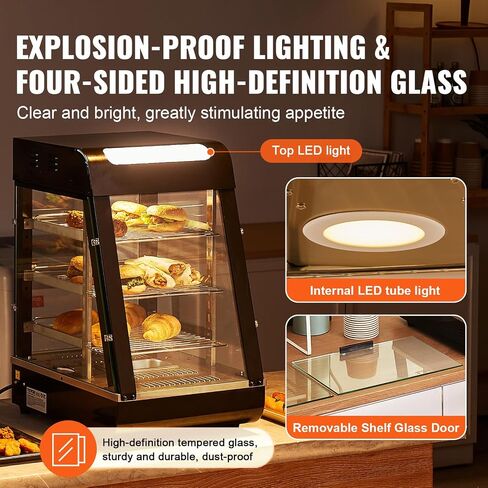 VEVOR 3-Tier Commercial Food Warmer Display, 1500W Food Display Warmer with Light, Adjustable Shelf and Temperature Display, 86℉~185℉ Steam Heating, 130L for Hamburger, Pizza, Bread, Fried Chicken in Kuwait