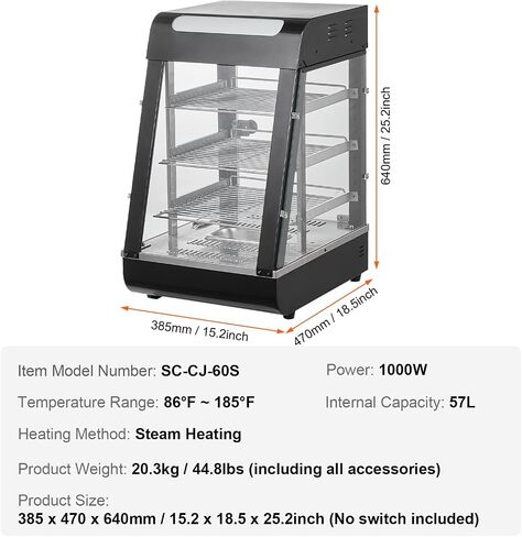VEVOR 3-Tier Commercial Food Warmer Display, 1500W Food Display Warmer with Light, Adjustable Shelf and Temperature Display, 86℉~185℉ Steam Heating, 130L for Hamburger, Pizza, Bread, Fried Chicken in Kuwait