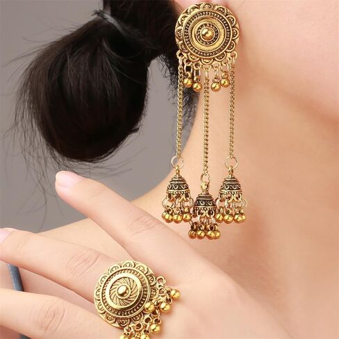 OIDIMS Bohemian Flower Statement Ring for Women Cluster Vintage Jhumka Jhumki Statement Tassel Dangling Ball Open Finger Rings Wedding Band Adjustable Indian Bollywood Dress Accessories Jewelry Gift in Saudi Arabia