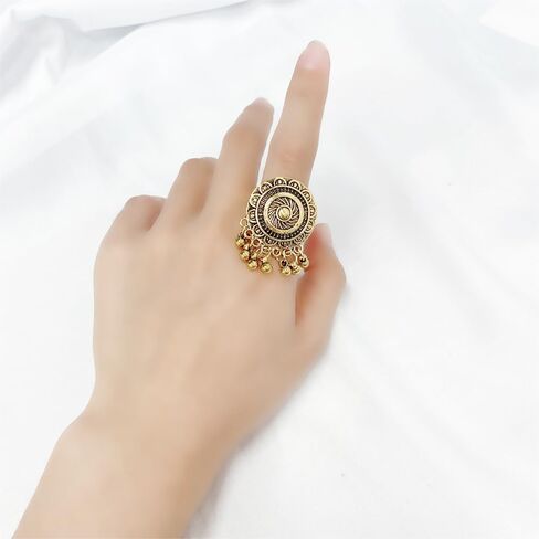 OIDIMS Bohemian Flower Statement Ring for Women Cluster Vintage Jhumka Jhumki Statement Tassel Dangling Ball Open Finger Rings Wedding Band Adjustable Indian Bollywood Dress Accessories Jewelry Gift in Saudi Arabia