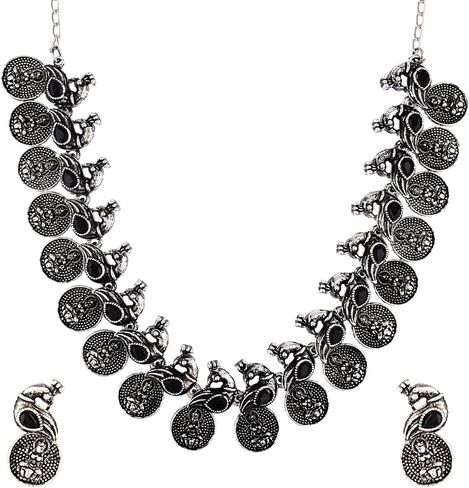 Efulgenz Oxidized Indian Jewelry Choker Necklace and Earrings Indian Jewelry Set for Women Oxidized Antique Bohemian Crystal Stone Mahalaxmi Coin Peacock Necklace Earrings Fashion Jewelry in Kuwait