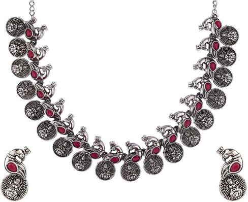 Efulgenz Oxidized Indian Jewelry Choker Necklace and Earrings Indian Jewelry Set for Women Oxidized Antique Bohemian Crystal Stone Mahalaxmi Coin Peacock Necklace Earrings Fashion Jewelry in Kuwait