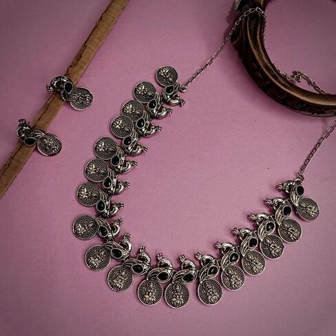 Efulgenz Oxidized Indian Jewelry Choker Necklace and Earrings Indian Jewelry Set for Women Oxidized Antique Bohemian Crystal Stone Mahalaxmi Coin Peacock Necklace Earrings Fashion Jewelry in Kuwait