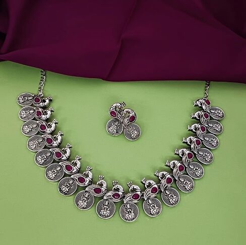 Efulgenz Oxidized Indian Jewelry Choker Necklace and Earrings Indian Jewelry Set for Women Oxidized Antique Bohemian Crystal Stone Mahalaxmi Coin Peacock Necklace Earrings Fashion Jewelry in Kuwait