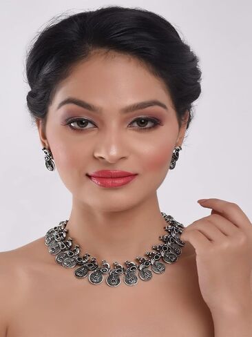 Efulgenz Oxidized Indian Jewelry Choker Necklace and Earrings Indian Jewelry Set for Women Oxidized Antique Bohemian Crystal Stone Mahalaxmi Coin Peacock Necklace Earrings Fashion Jewelry in Kuwait