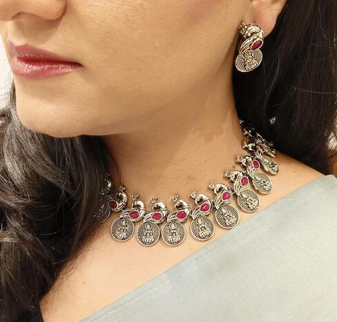 Efulgenz Oxidized Indian Jewelry Choker Necklace and Earrings Indian Jewelry Set for Women Oxidized Antique Bohemian Crystal Stone Mahalaxmi Coin Peacock Necklace Earrings Fashion Jewelry in Kuwait