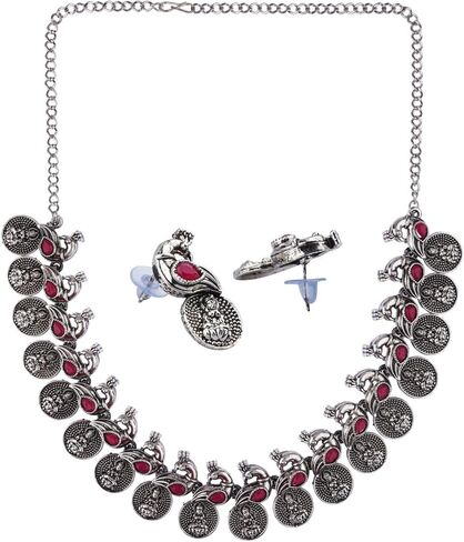 Efulgenz Oxidized Indian Jewelry Choker Necklace and Earrings Indian Jewelry Set for Women Oxidized Antique Bohemian Crystal Stone Mahalaxmi Coin Peacock Necklace Earrings Fashion Jewelry in Kuwait