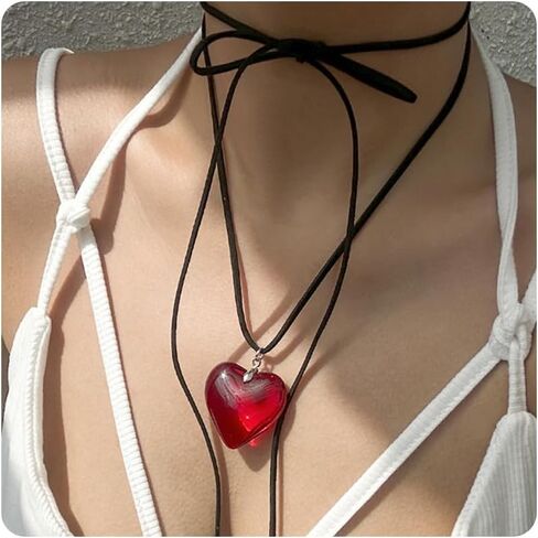 Chunky Puffy Heart Necklace for Women Queen of Hearts Accessories Big Glass Heart Pendant Necklace Queen of Hearts Necklace Adjustable Red Heart Choker Queen of Hearts Costume Women in Kuwait