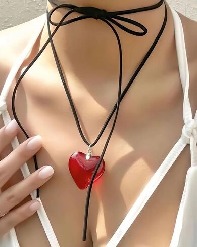 Chunky Puffy Heart Necklace for Women Queen of Hearts Accessories Big Glass Heart Pendant Necklace Queen of Hearts Necklace Adjustable Red Heart Choker Queen of Hearts Costume Women in Kuwait