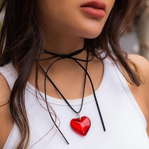 Chunky Puffy Heart Necklace for Women Queen of Hearts Accessories Big Glass Heart Pendant Necklace Queen of Hearts Necklace Adjustable Red Heart Choker Queen of Hearts Costume Women in Kuwait