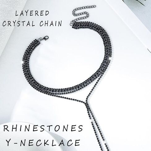 Black Choker Necklace Rhinestone Y-Necklace Layered Chain Necklace for Women in Saudi Arabia