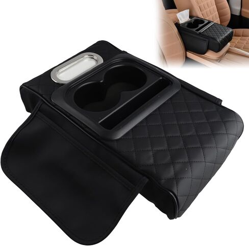 Car Armrest Cushion,Car Center Console,with Cup Holder,Mobile Phone Storage Slot,Tissue Pocket and Side Storage Pocket,Easy to Install,Suitable for Most Cars (Black) in Saudi Arabia