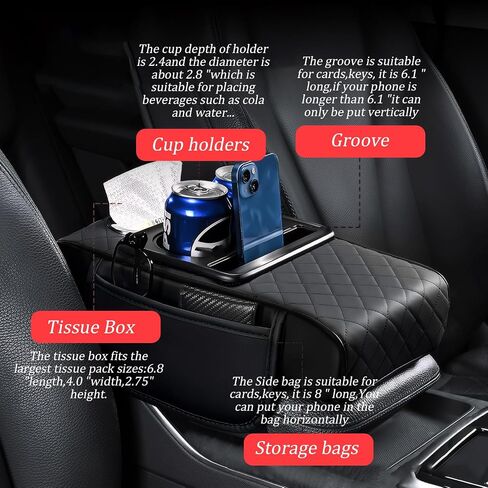 Car Armrest Cushion,Car Center Console,with Cup Holder,Mobile Phone Storage Slot,Tissue Pocket and Side Storage Pocket,Easy to Install,Suitable for Most Cars (Black) in Saudi Arabia