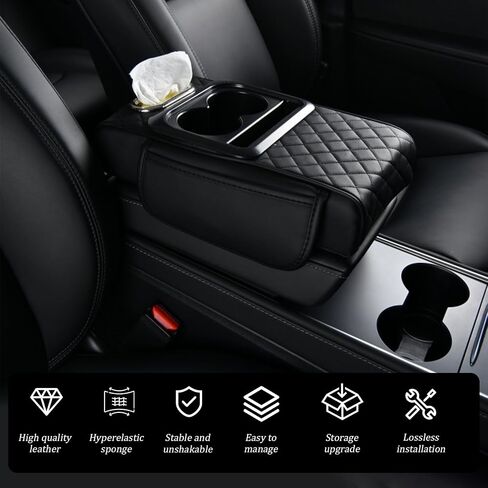 Car Armrest Cushion,Car Center Console,with Cup Holder,Mobile Phone Storage Slot,Tissue Pocket and Side Storage Pocket,Easy to Install,Suitable for Most Cars (Black) in Saudi Arabia