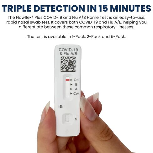 Flowflex® Plus COVID-19 and Flu A/B Home Test - (1 Package, 5 Tests) Flu A&B 3-in-1 Antigen Rapid Test, Results in 15 Minutes, FDA Authorized. Non-invasive Nasal Swab, Easy to Use with No Discomfort in Kuwait