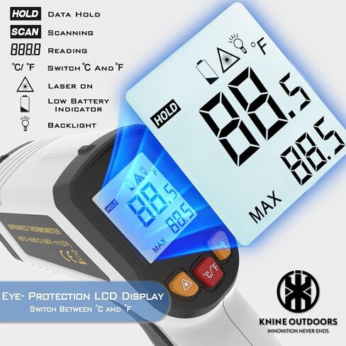 KNINE OUTDOORS مسدس درجة حرارة ليزر بالأشعة تحت الحمراء، -58 درجة فهرنهايت إلى 1112 درجة فهرنهايت، استهداف ليزر واحد، نسبة المسافة إلى البقعة 12:1، للطهي والفرن واللحوم in Kuwait