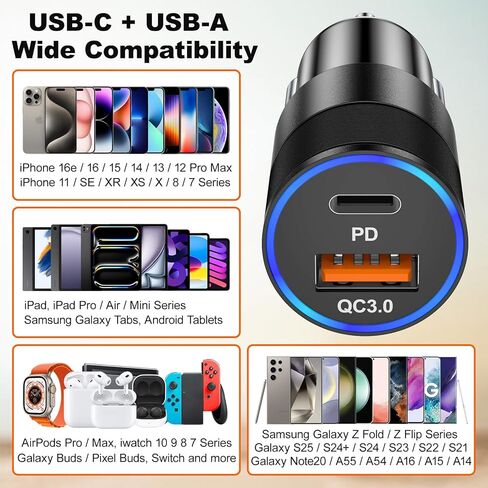 2 حزمة USB C شاحن سيارة 36W 2-Port Car Phone Charger محول PD/QC3.0 شحن سريع نوع C ولاعة السجائر محول الطاقة متوافق مع iPhone 15 14 13 12 11 Pro، iPad، Samsung Galaxy S24 S23 in Kuwait