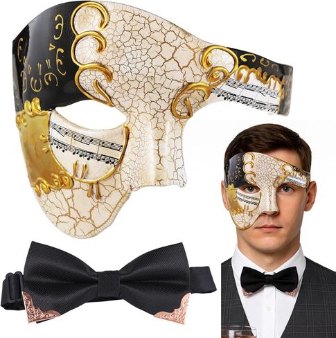 تغطية تنكرية Homaisson للرجال ، وغطاء نصف الوجه مع Bowtie ، وغطاء البندقية البلاستيكية السوداء والذهبية ، وملحقات أزياء الحفلات القديمة للحفلات in Kuwait