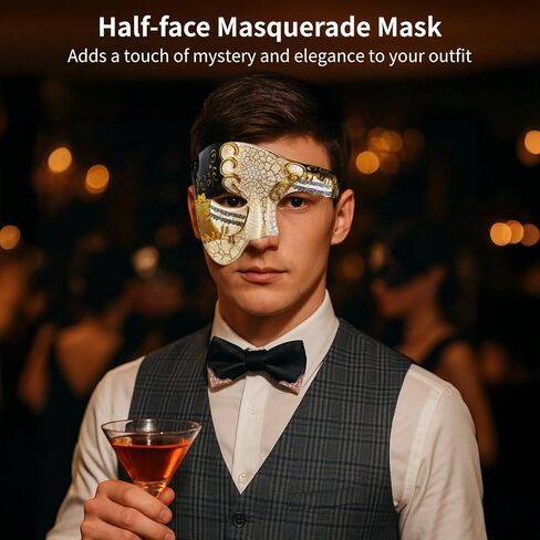 تغطية تنكرية Homaisson للرجال ، وغطاء نصف الوجه مع Bowtie ، وغطاء البندقية البلاستيكية السوداء والذهبية ، وملحقات أزياء الحفلات القديمة للحفلات in Kuwait